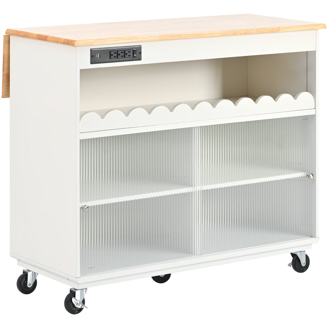 Kitchen Island with Drop Leaf, LED Light Kitchen Cart on Wheels with Power Outlets, 2 Sliding Fluted Glass Doors, Large Kitchen Island Cart with 2 Cabinet and 1 open Shelf (White)