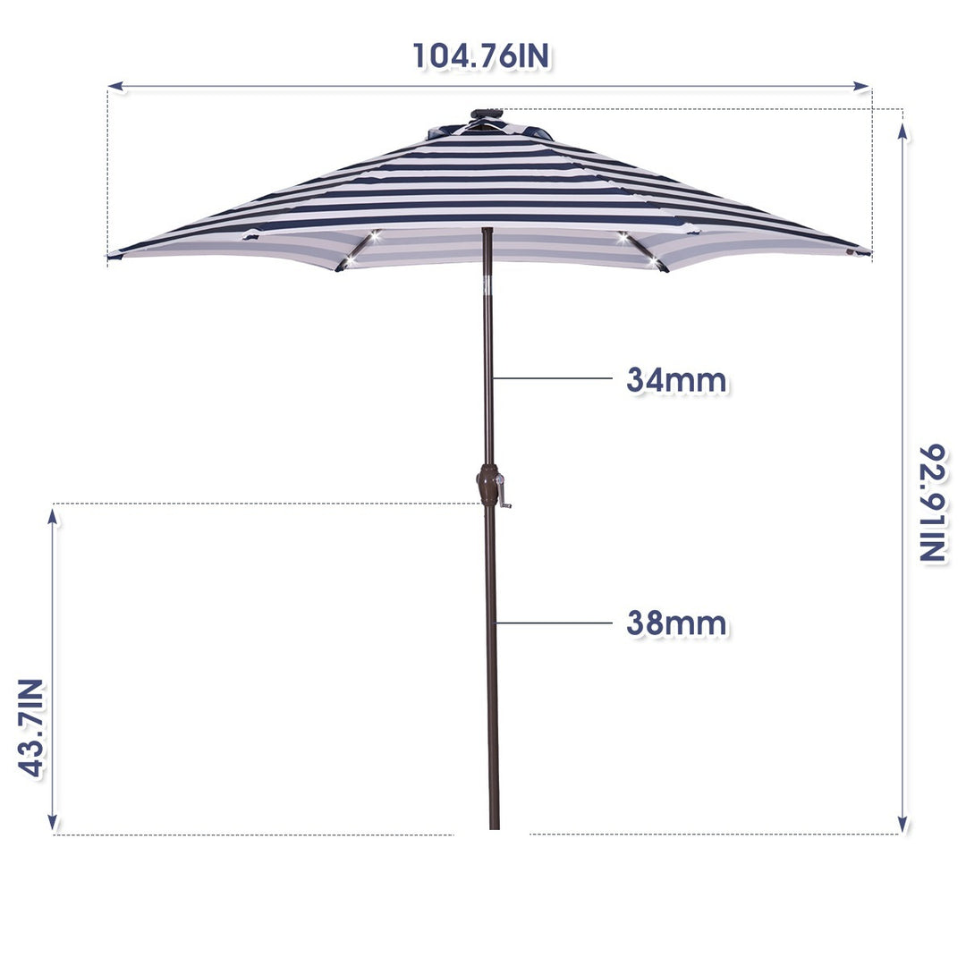 Outdoor Patio 8.7-Feet Market Table Umbrella with Push Button Tilt and Crank, Blue White Stripes With 24 LED Lights[Umbrella Base is not Included]