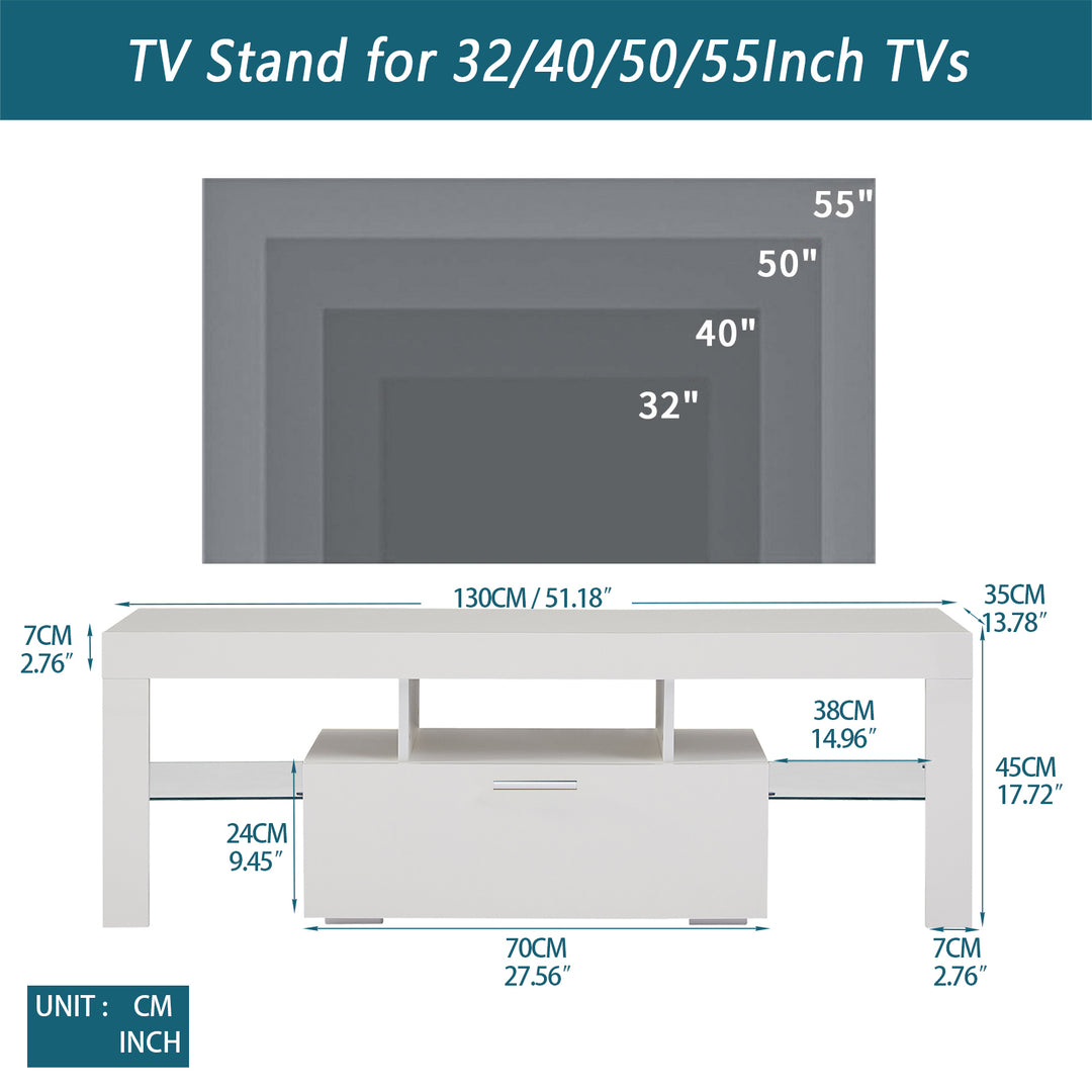 FashionTVstandTVcabinet,EntertainmentCenter,TVstationTV console,media console,with LEDlight belt,light belt remote control,toughenedglassshelf,metal handle,Canbeplaced in the living room,bedroom,white