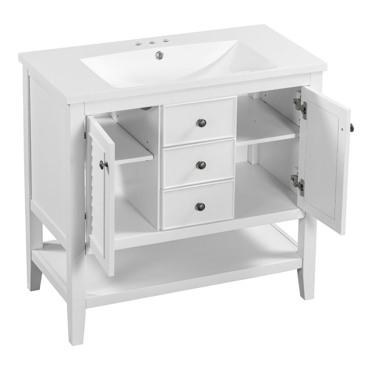 36" Bathroom Vanity with Ceramic Basin, Two Cabinets and Drawers, Open Shelf, Solid Wood Frame, White (OLD SKU: SY999101AAK)