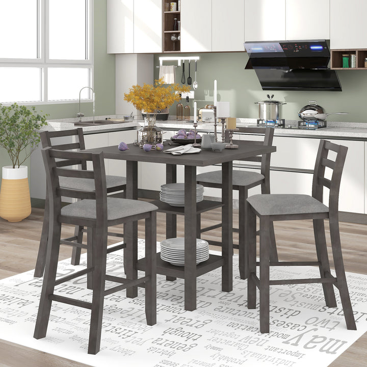 TREXM 5-Piece Wooden Counter Height Dining Set with Padded Chairs and Storage Shelving (Gray)