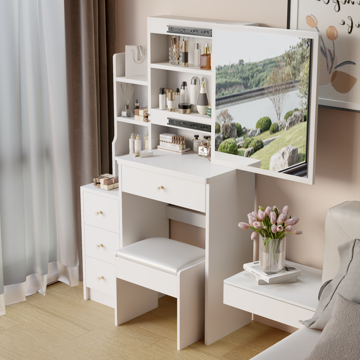 Small Space Left Bedside Cabinet Vanity Table + Cushioned Stool, Extra Large Right sliding mirror, Multi Layer High Capacity Storage, Practical Fashionable Dresser, Suitable for Girls Up To 5.6ft Tall