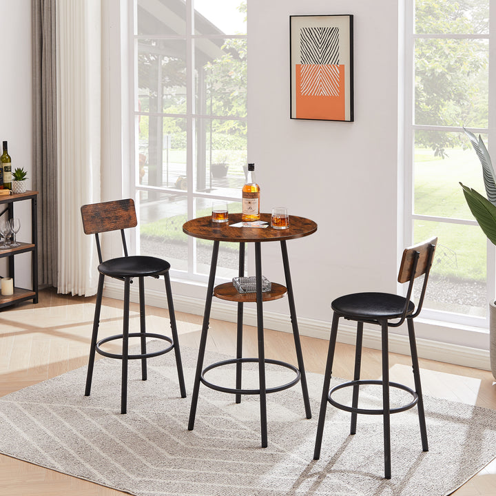 Round bar stool set with shelf, upholstered stool with backrest, Rustic Brown, 23.62'' W x 23.62'' D x 35.43'' H