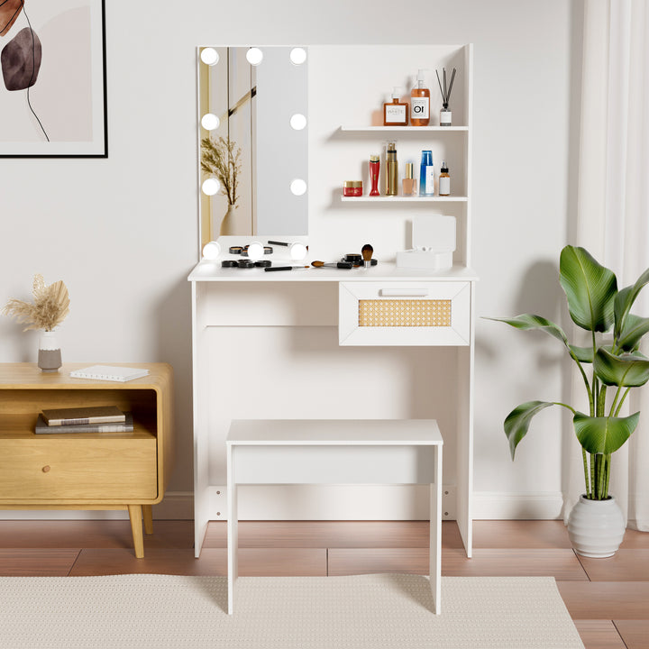 Vanity Desk Set Stool & Dressing Table with LED Lighting Mirror Drawer and Compartments Modern Wood Cosmetic Table Chest of Drawers White Color