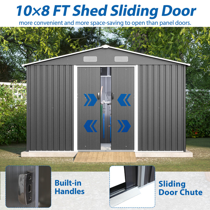 10X8 FT Outdoor Storage Shed, All Weather Metal Sheds with Metal Foundation & Lockable Doors, Tool Shed for Garden, Patio, Backyard, Lawn, Grey