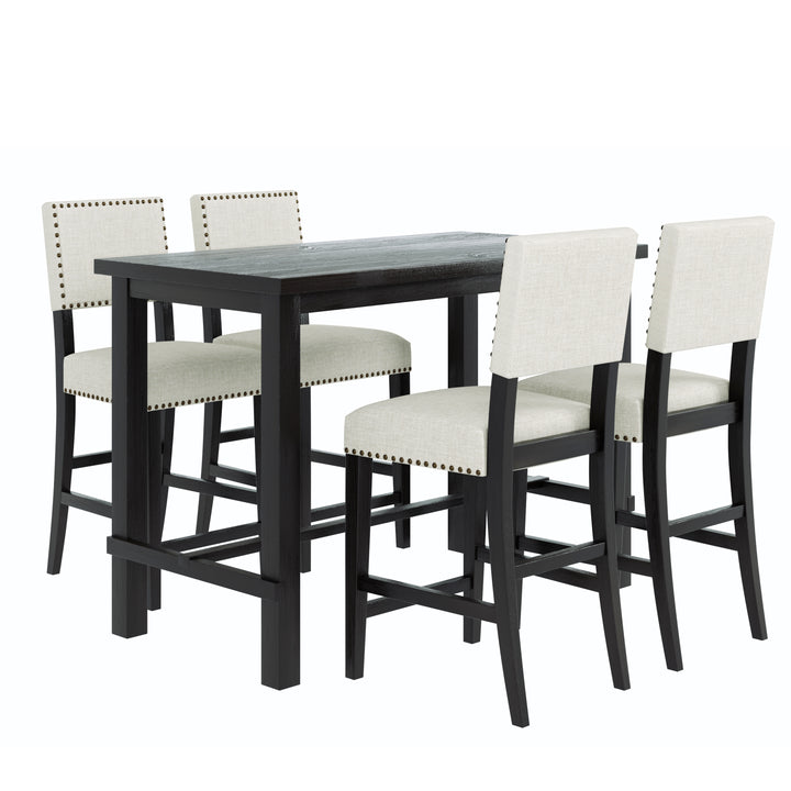 TREXM 5-Piece Counter Height Dining Set, Classic Elegant Table and 4 Chairs in Espresso and Beige