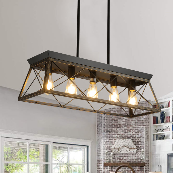 5-Light Farmhouse Chandeliers for Dining Room, Metal Rustic Pendant Island Light Fixture, Modern Rectangular Island Lights for Kitchen, Living Room Black gold(No Bulbs)