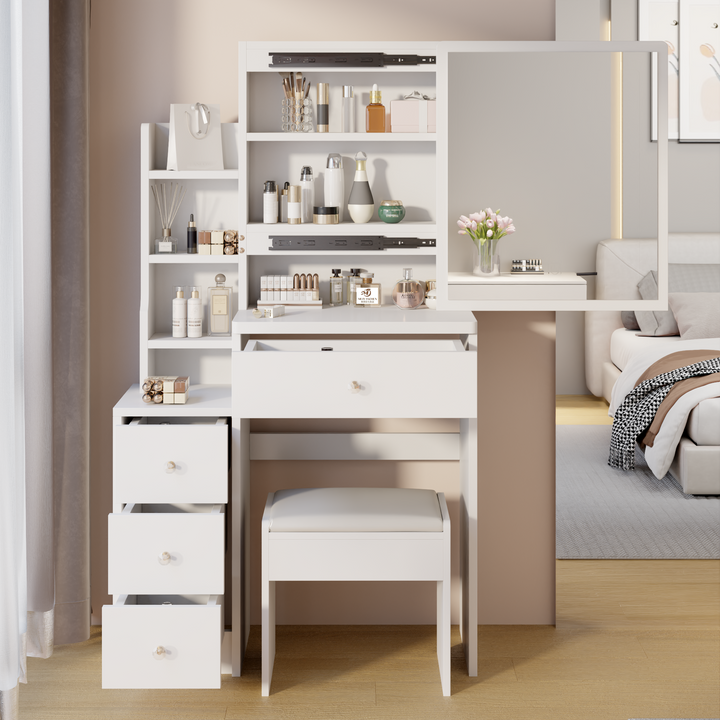 Small Space Left Bedside Cabinet Vanity Table + Cushioned Stool, Extra Large Right sliding mirror, Multi Layer High Capacity Storage, Practical Fashionable Dresser, Suitable for Girls Up To 5.6ft Tall