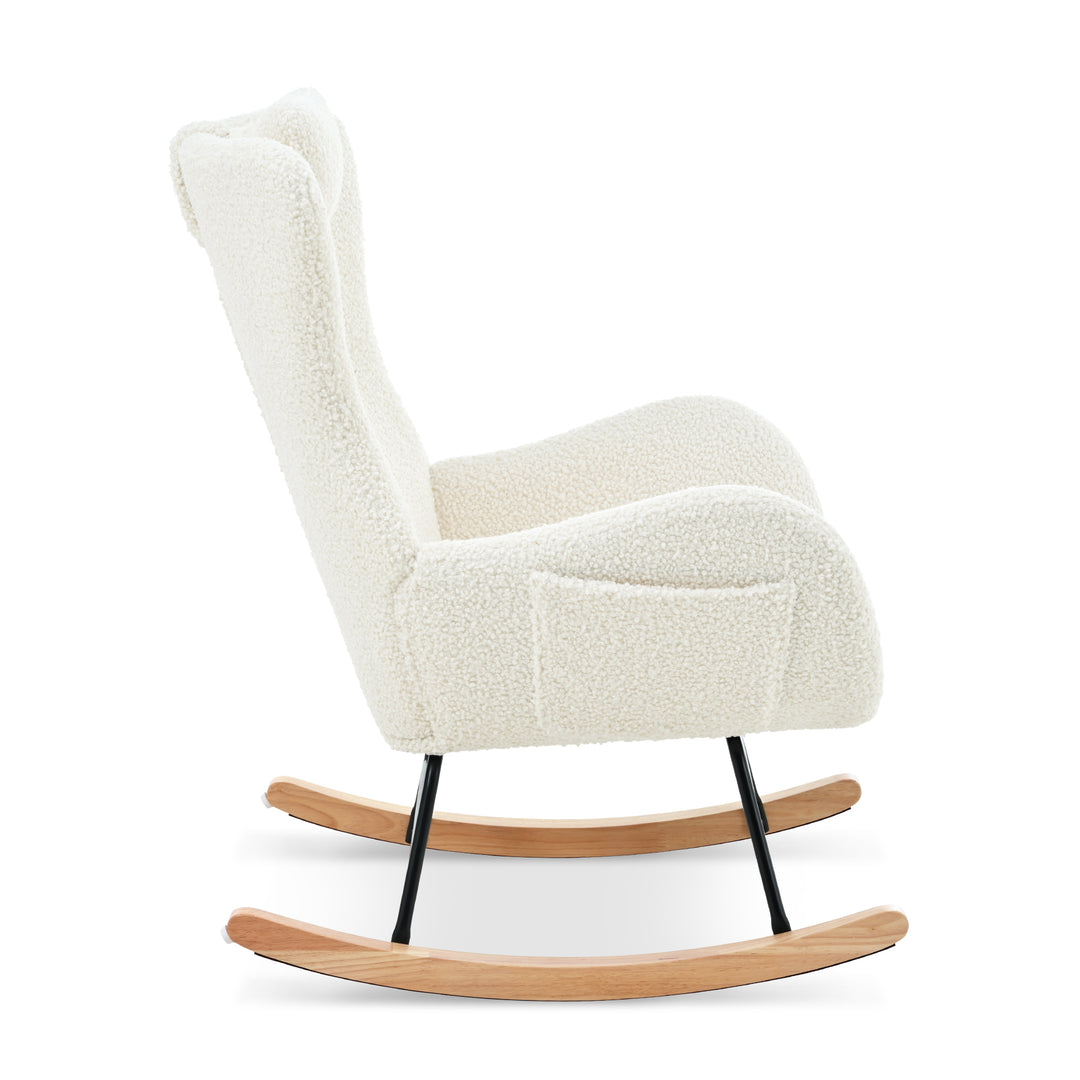 Rocking Chair Nursery, Teddy Upholstered Rocker Glider Chair with High Backrest, Adjustable Headrest & Pocket, Comfy Glider Chair for Nursery, Bedroom, Living Room, Offices, Rubber wood, white