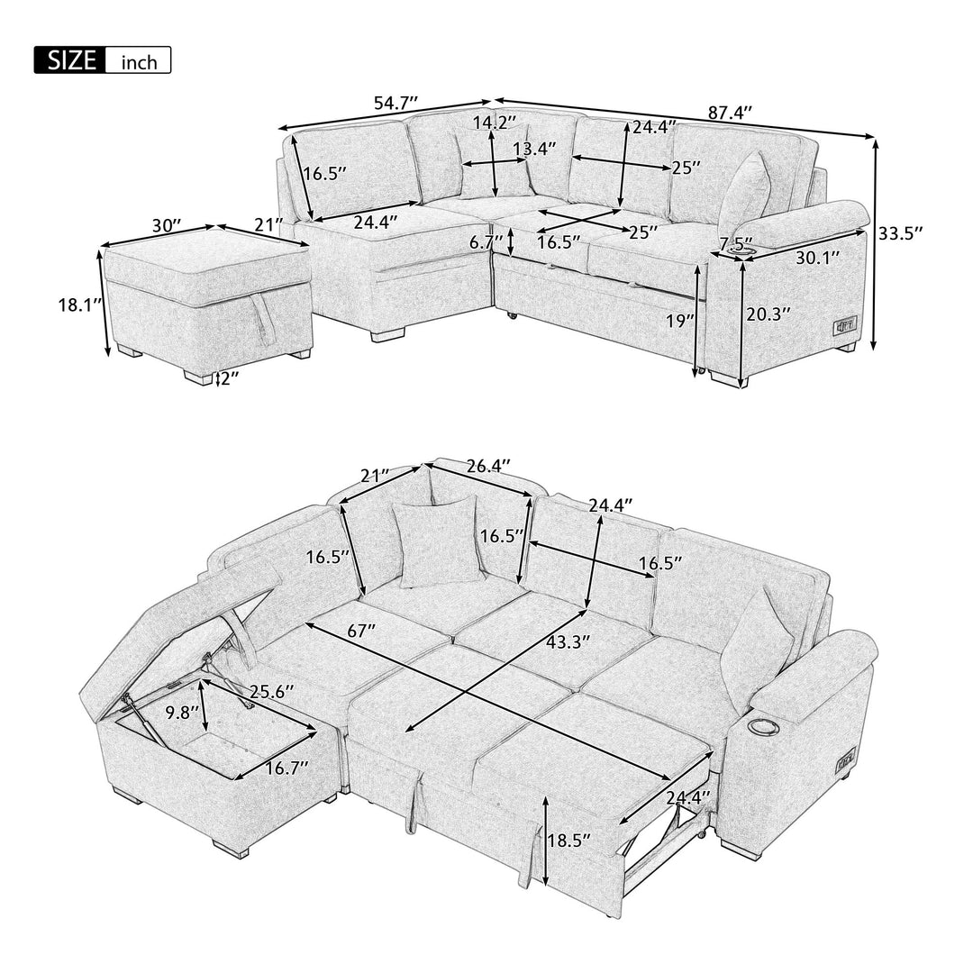 87.4" Sleeper Sofa Bed,2 in 1 Pull Out sofa bed L Shape Couch with Storage Ottoman for Living Room,Bedroom Couch and Small Apartment, Beige