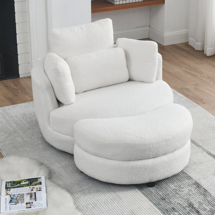 39"W Oversized Swivel Chair with moon storage ottoman for Living Room, Modern Accent Round Loveseat Circle Swivel Barrel Chairs for Bedroom Cuddle Sofa Chair Lounger Armchair, 4 Pillows, Teddy Fabric