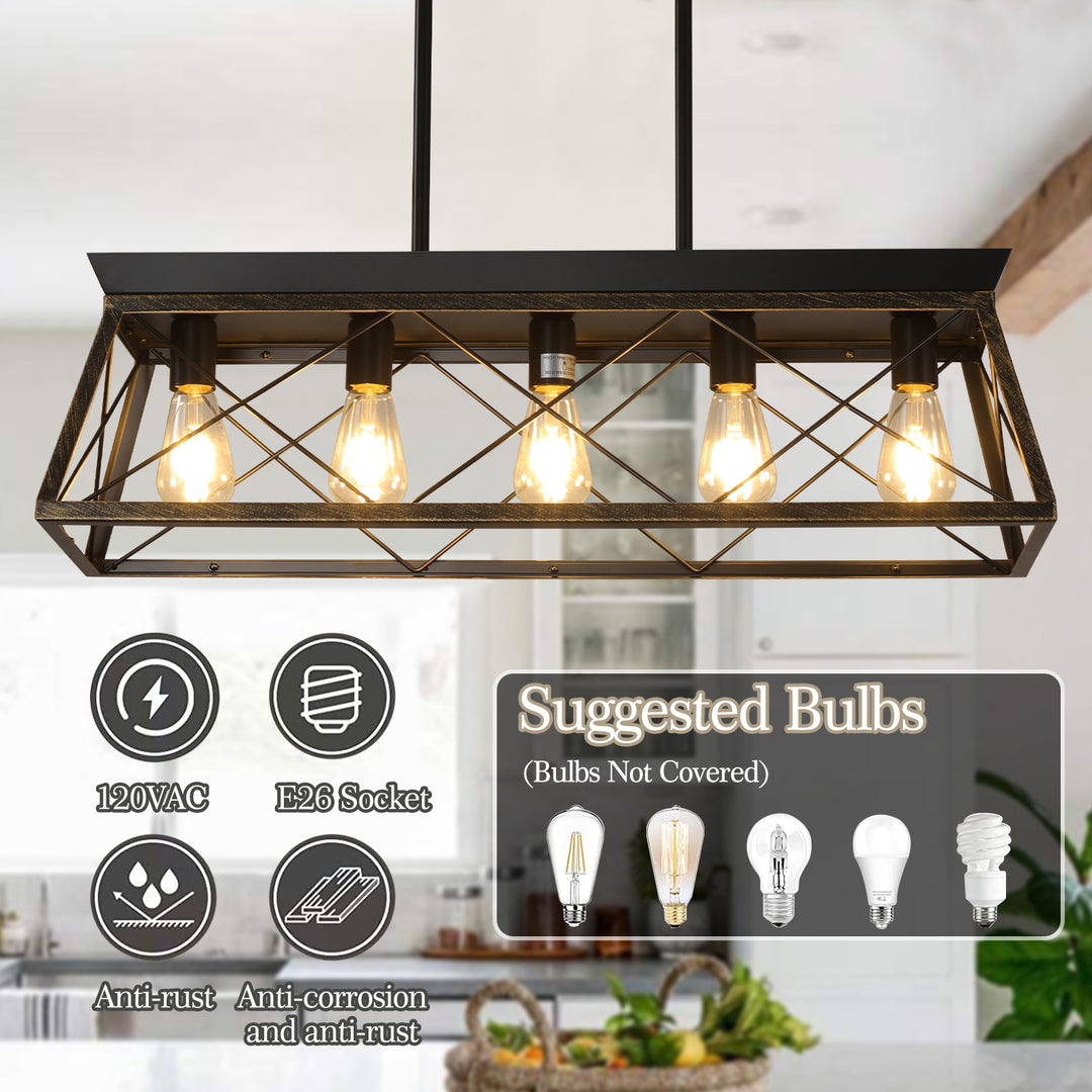 5-Light Farmhouse Chandeliers for Dining Room, Metal Rustic Pendant Island Light Fixture, Modern Rectangular Island Lights for Kitchen, Living Room Black gold(No Bulbs)