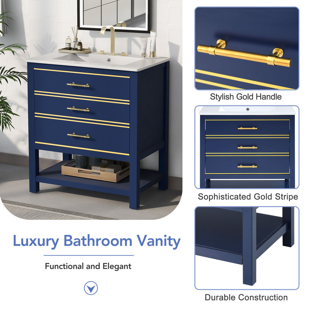 [Viedo]Modern 30inch Navy Blue/White Bathroom Vanity Cabinet Combo with Open
Storge, Two Drawers