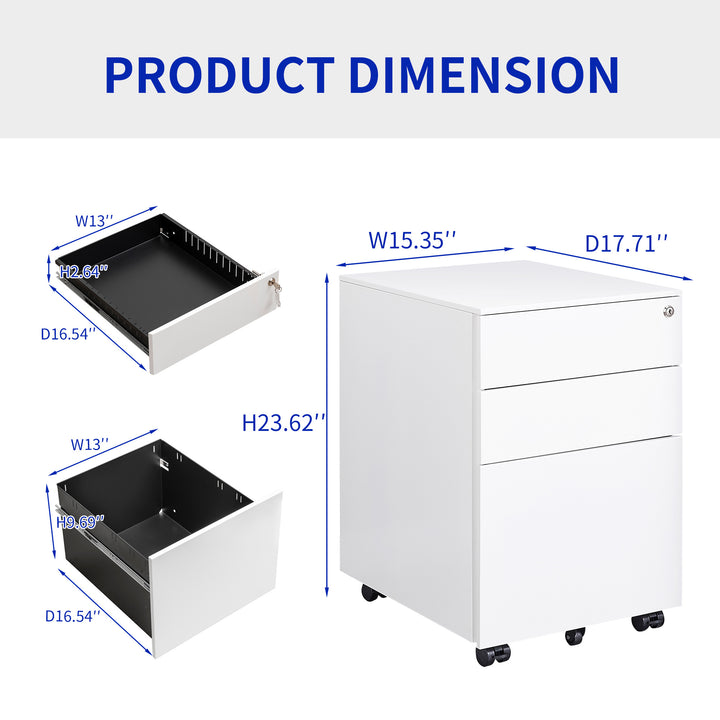 ZIYUNTC  3 Drawer Mobile File Cabinet with Lock Steel File Cabinet for Legal/Letter/A4/F4 Size, Fully Assembled Include Wheels, Home/ Office Design