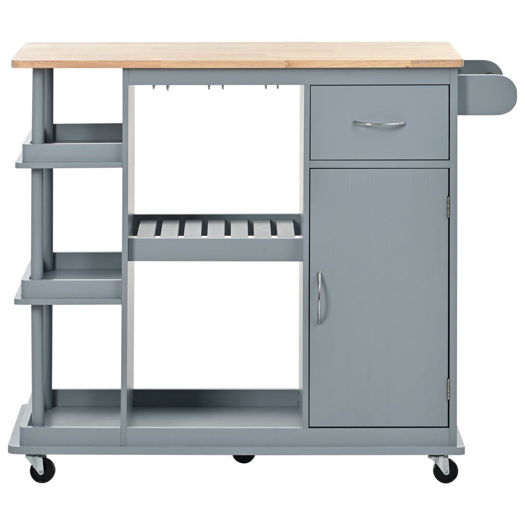 Multipurpose Kitchen Cart Cabinet with Side Storage Shelves,Rubber Wood Top, Adjustable Storage Shelves, 5 Wheels, Kitchen Storage Island with Wine Rack for Dining Room, Home,Bar,Grey Blue