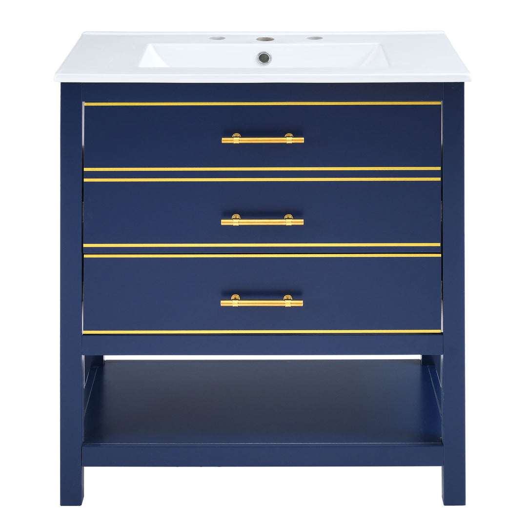 [Viedo]Modern 30inch Navy Blue/White Bathroom Vanity Cabinet Combo with Open
Storge, Two Drawers