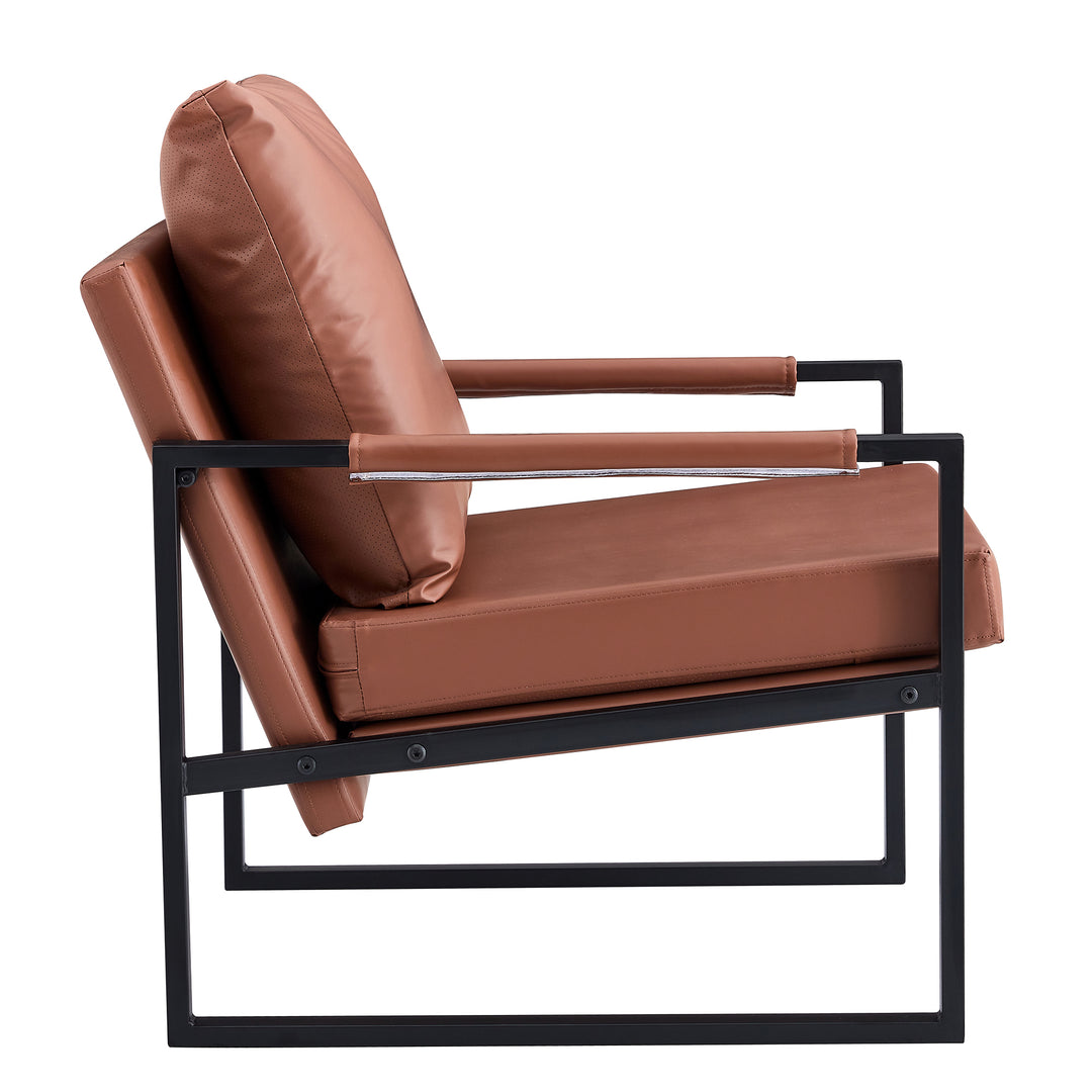 PU Leather Accent Arm Chair  Modern Upholstered Armchair with Metal Frame Extra-Thick Padded Backrest and Seat Cushion Sofa Chairs for Living Room ( Brown PU Leather + Metal Frame + Foam) SF-008