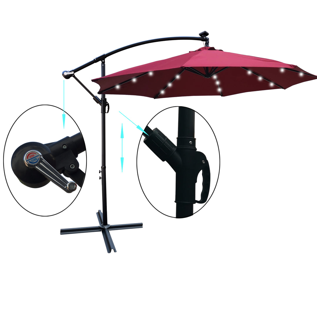 10 ft Outdoor Patio Umbrella Solar Powered LED Lighted Sun Shade Market Waterproof 8 Ribs Umbrella with Crank and Cross Base for Garden Deck Backyard Pool Shade Outside Deck Swimming Pool