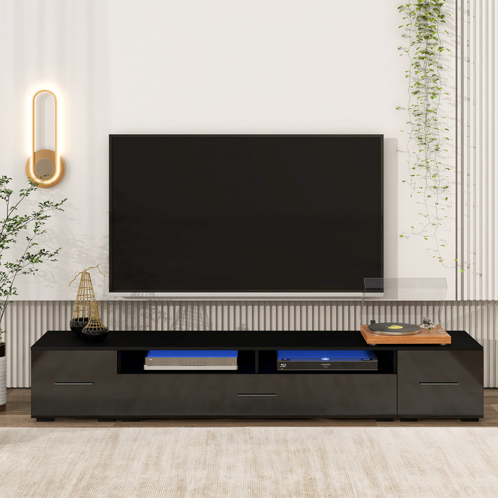 ON-TREND Extended, Minimalist Design TV stand with Color Changing LED Lights, Modern Universal Entertainment Center, High Gloss TV Cabinet for 90+ inch TV, Black