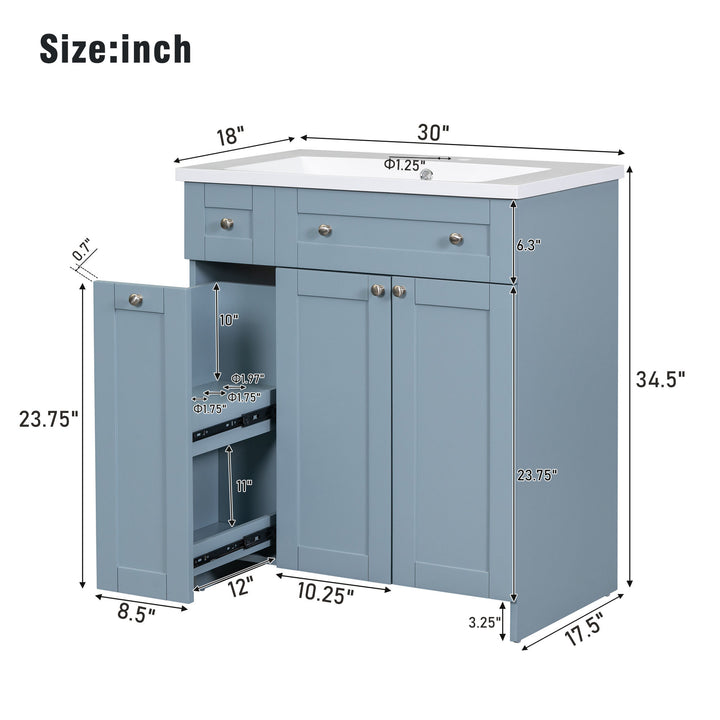 Modern 30-Inch Bathroom Vanity Cabinet with Easy-to-Clean Resin Integrated Sink in Blue