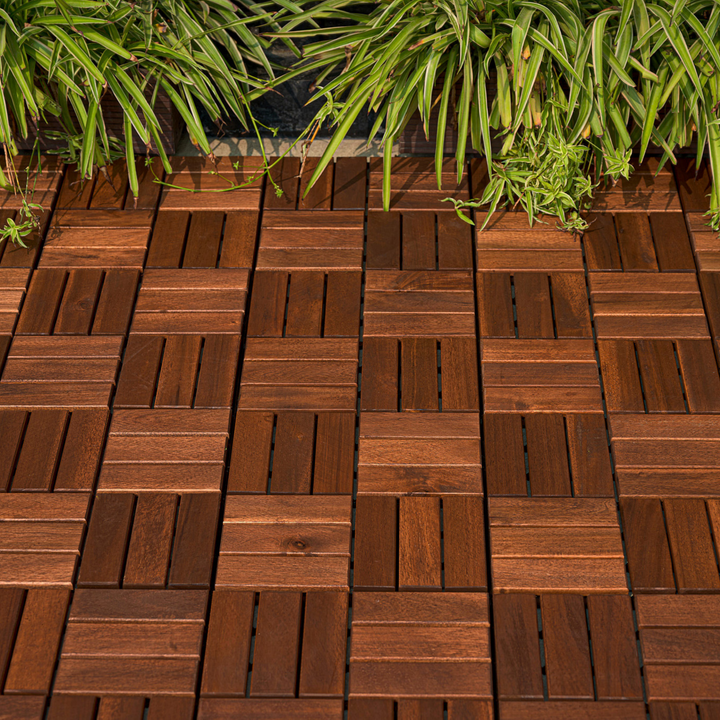 30 PCS Interlocking Deck Tiles Checker Pattern, 12" x 12" Square Acacia Hardwood Outdoor Flooring for Patio, Bancony, Pool Side,...