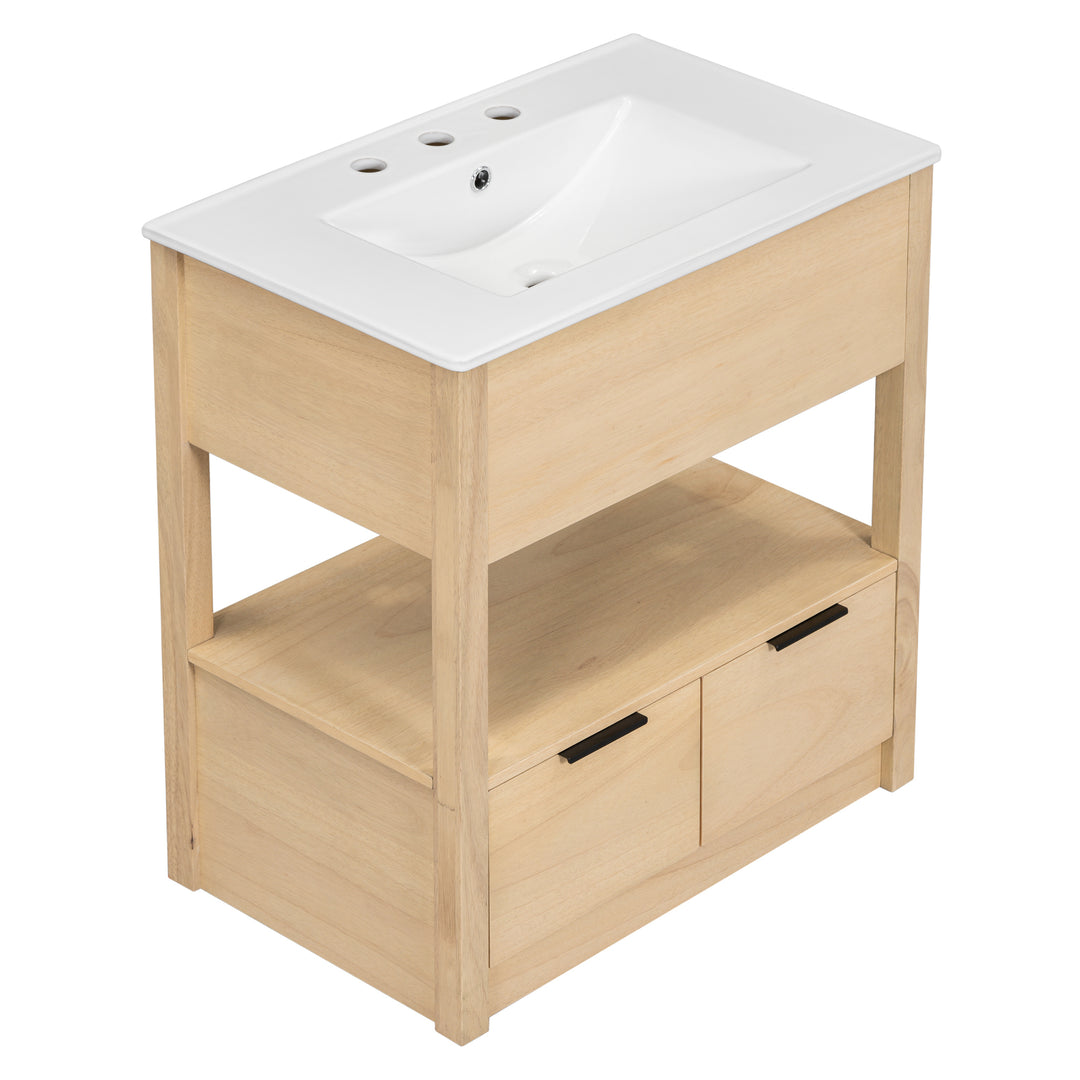 30" Bathroom Vanity with Sink Top, Bathroom Cabinet with Open Storage Shelf and Two Drawers, One Package, Natural