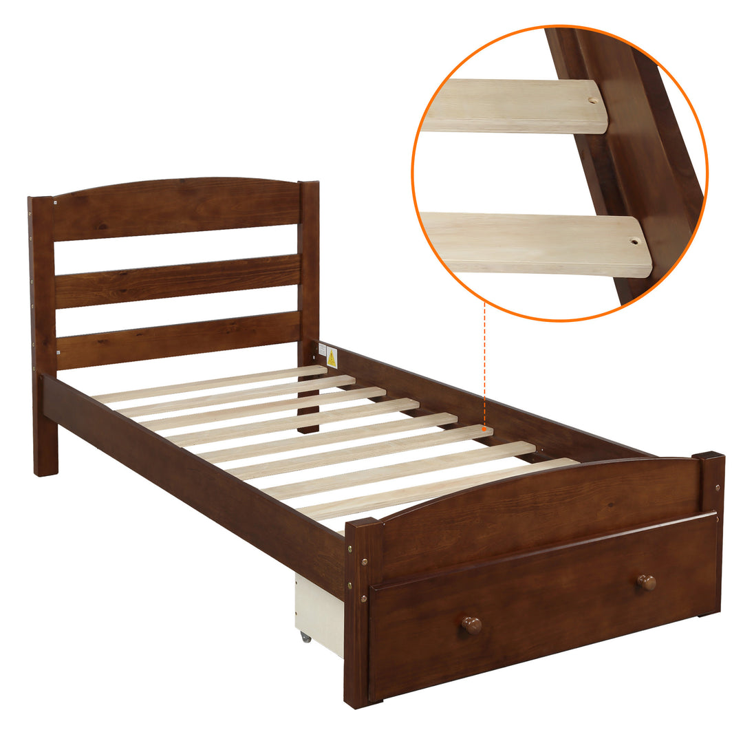 Platform Twin Bed Frame with Storage Drawer and Wood Slat Support No Box Spring Needed, Walnut