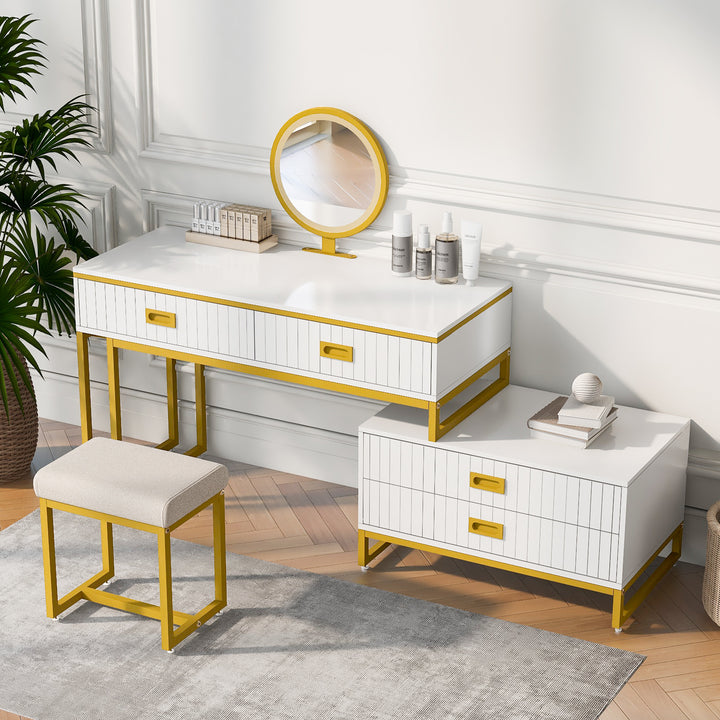 GO Modern Style Vanity Table With Movable Side Cabinet And 4-Drawers, Large Size Dressing Table With Mirror and 3-colors LED Light, Makeup Table With Stool, White, Golden Legs