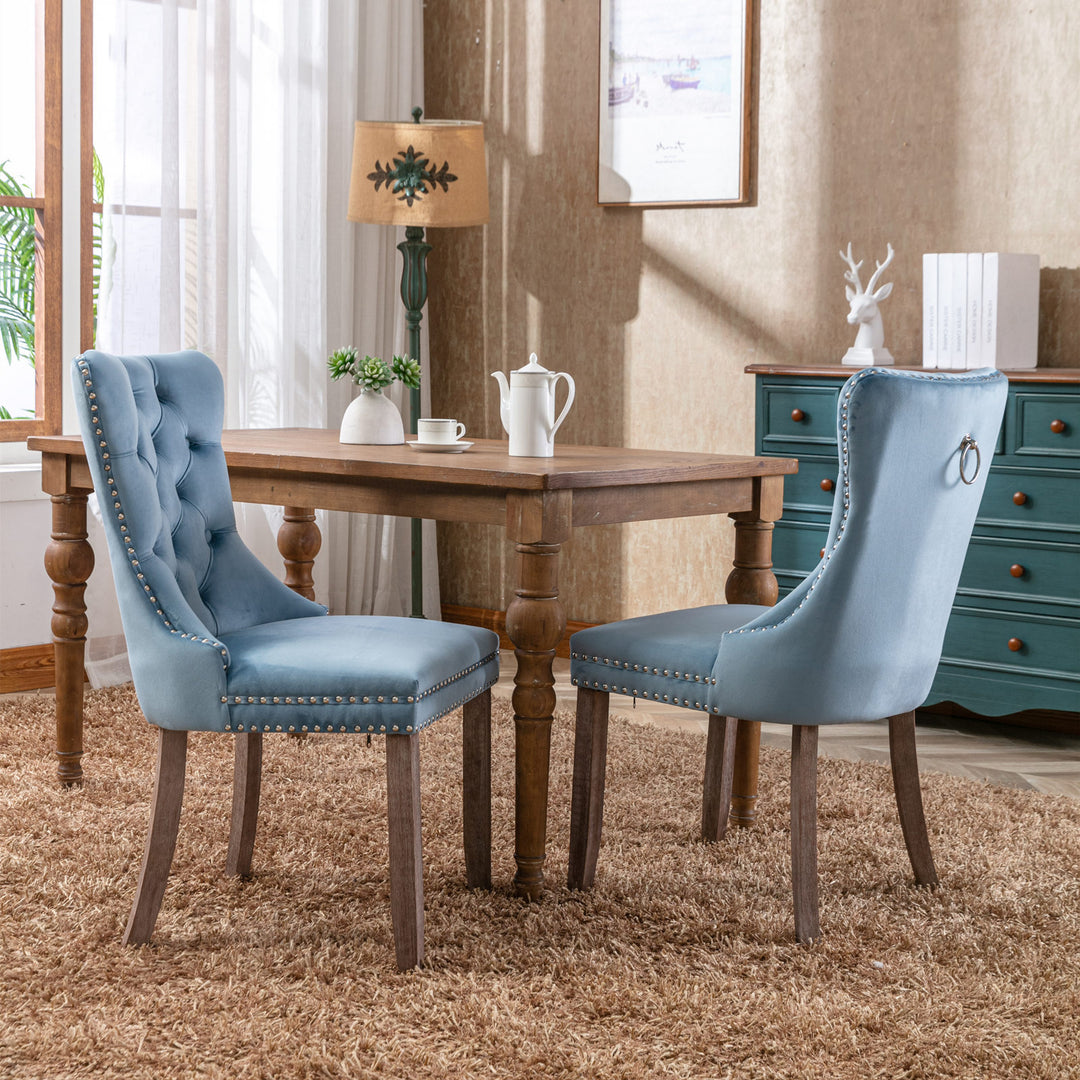 Nikki Collection Modern, High-end Tufted Solid Wood Contemporary Velvet Upholstered Dining Chair with Wood Legs Nailhead Trim 2-Pcs Set,Light Blue, SW2001LB