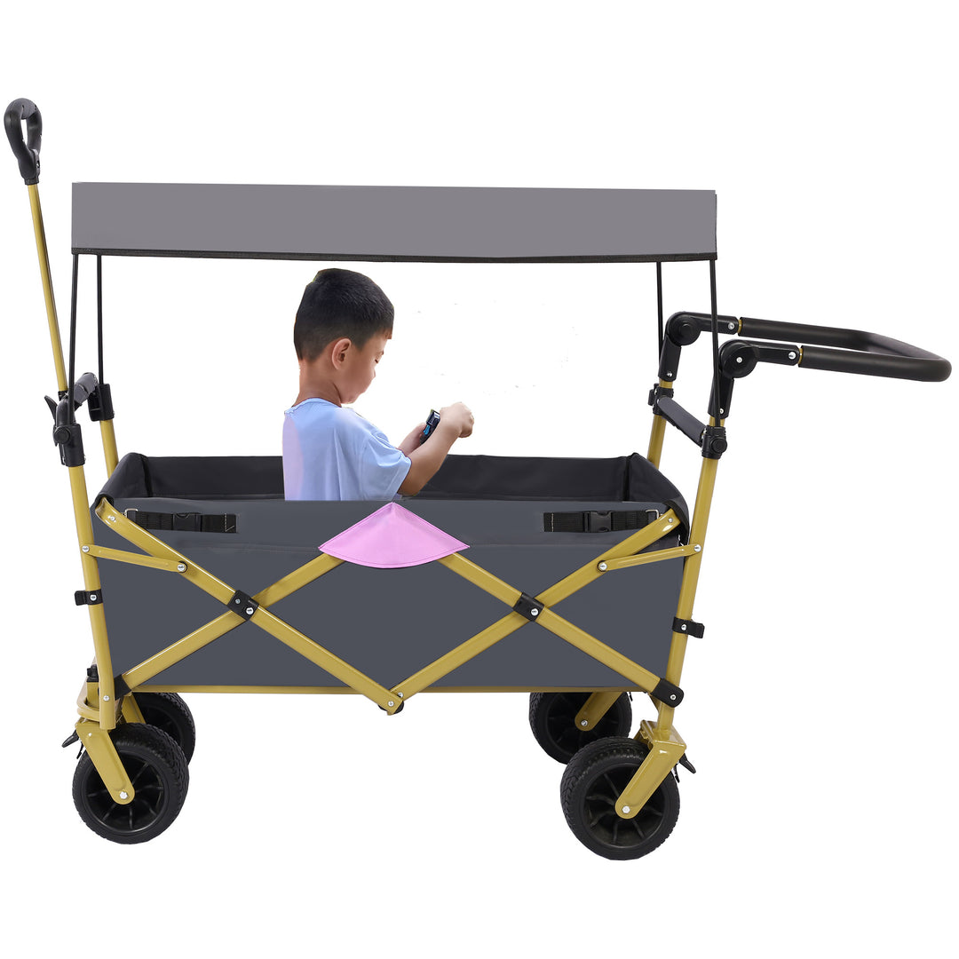 Collapsible Folding Wagon with Removable Canopy, Heavy Duty Foldable Wagon Utility Cart for Garden, Camping, Grocery Cart, Beach Wagon Cart with Wheels and Rear Storage, Camouflage