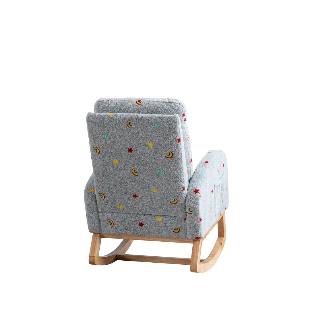 26.8"W Modern Rocking Chair for Nursery, Mid Century Accent Rocker Armchair With Side Pocket, Upholstered High Back Wooden Rocking Chair for Living Room Baby Kids Room Bedroom, Blue Boucle