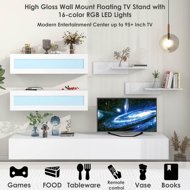 [VIDEO provided] ON-TREND Wall Mount Floating TV Stand with Four Storage Cabinets and Two Shelves, High Gloss Entertainment Center for 95+ Inch TV, 16-color RGB LED Lights for Living Room, White