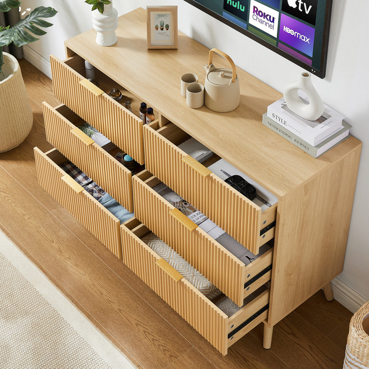 Bedroom Dresser, 6 Double Dressers with Wavy Drawers, Wooden Chest of Drawers for Children's Room, Living Room, Entrance and Hallway, Natural, 47.2''W x 15.8''D x 31.7''H.