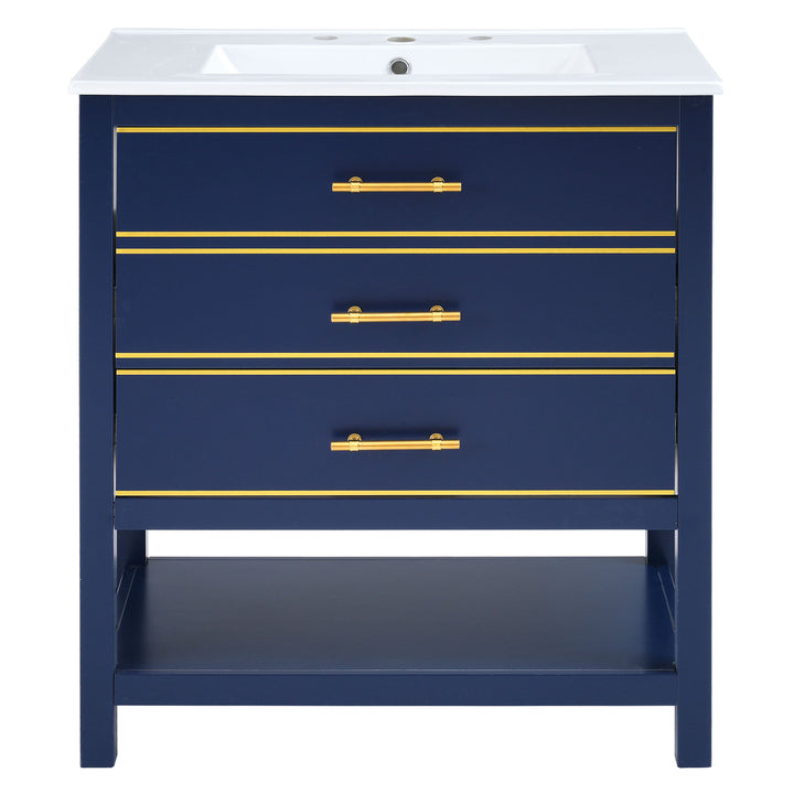 [Viedo]Modern 30inch Navy Blue/White Bathroom Vanity Cabinet Combo with Open
Storge, Two Drawers