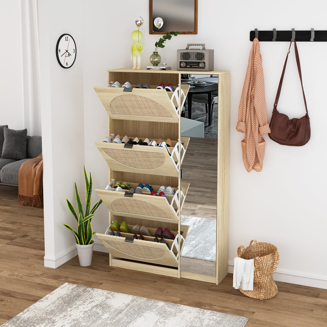 Natural Rattan Shoe Cabinet with 4-Tier Shoe Rack Storage Cabinet Wood 4 Door Free Standing Shoe Rack