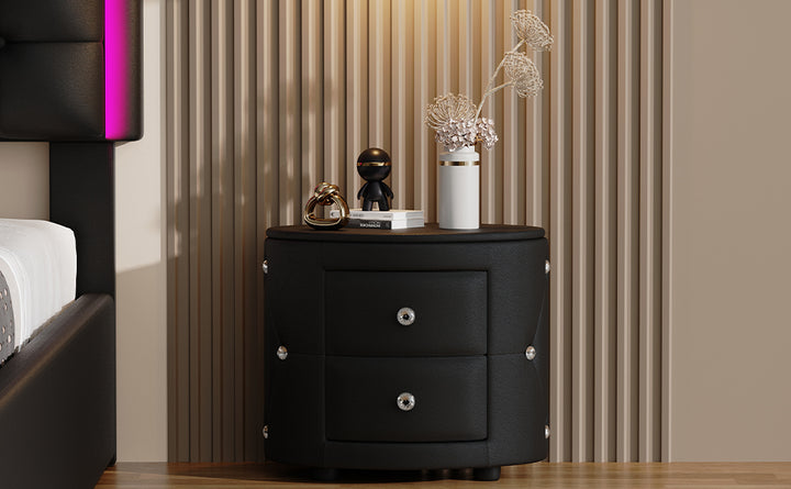 Elegant PU Nightstand with 2 Drawers and Crystal Handle,Fully Assembled Except Legs&Handles,Storage Bedside Table - Black