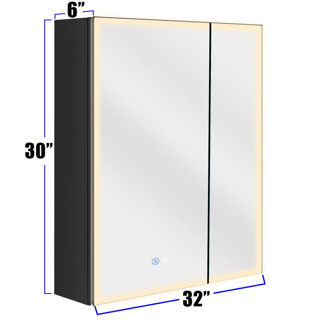 32 X 30 Inch LED Lighted Medicine Cabinet with Mirror for Bathroom Double Door Surface Wall Mount Flip-Out Magnifying Mirror Door Storage Defogger 3 Color Lighting Dimmer Medicine Cabinets Black