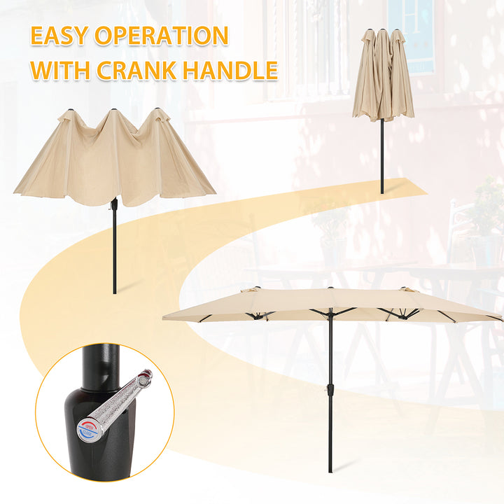 15x9ft Large Double-Sided Rectangular Outdoor Twin Patio Market Umbrella w/Crank-tan