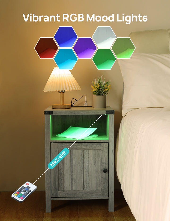 Nightstand with Charging Station, Side Table with RGB Light Strip, Modern End Table Beside Table with USB Ports and Outlets, Barn Door Cabinet, Open Shelf, Deep Storage for Bedroom, Living Room