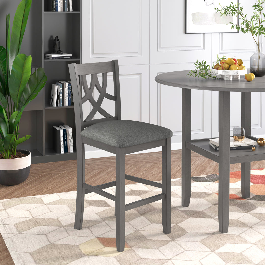 TOPMAX Farmhouse 3 Piece Round Counter Height Kitchen Dining Table Set with Drop Leaf Table, One Shelf and 2 Cross Back Padded Chairs for Small Places, Gray