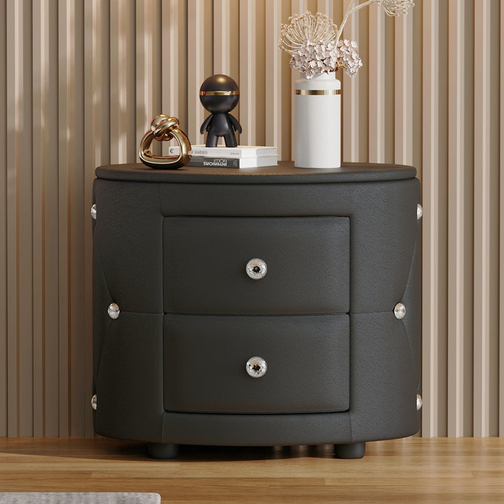 Elegant PU Nightstand with 2 Drawers and Crystal Handle,Fully Assembled Except Legs&Handles,Storage Bedside Table - Black