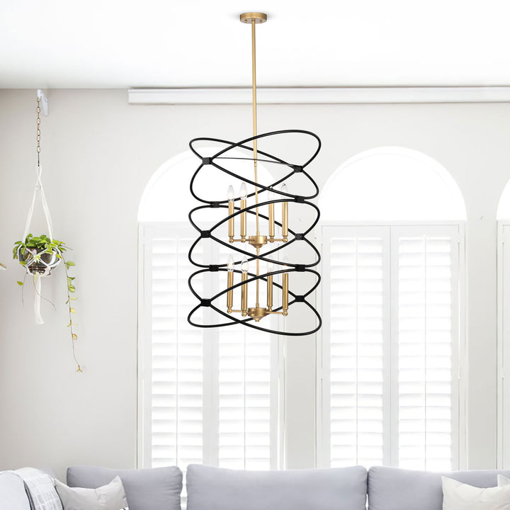 Transitional Gold/Matte Black Metal Chandelier Fixture, 8 lights, 2-Tier-Candle Ceiling Light for Living Room, Bedroom, Dining Room, Dimmable, E12, W23.6*H55