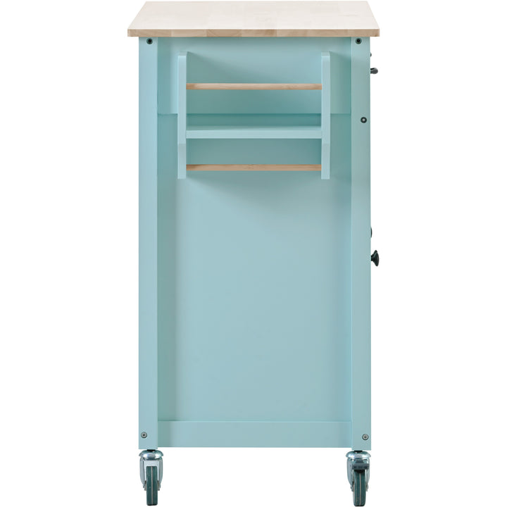 Kitchen Island Cart with 4 Door Cabinet and Two Drawers and 2 Locking Wheels - Solid Wood Top, Adjustable Shelves, Spice & Towel Rack(Mint Green)