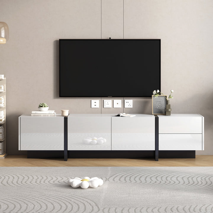 [VIDEO provided] ON-TREND White & Black Contemporary Rectangle Design TV Stand, Unique Style TV Console Table for TVs Up to 80'', Modern TV Cabinet with High Gloss UV Surface for Living Room.