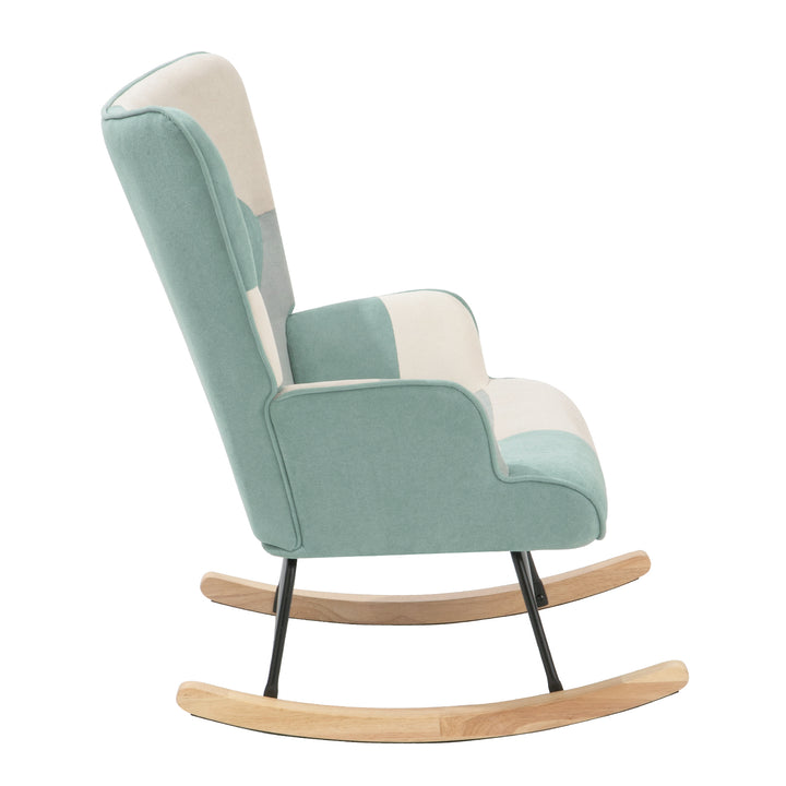 Rocking Chair, Mid Century Fabric Rocker Chair with Wood Legs and Patchwork Linen for Livingroom Bedroom