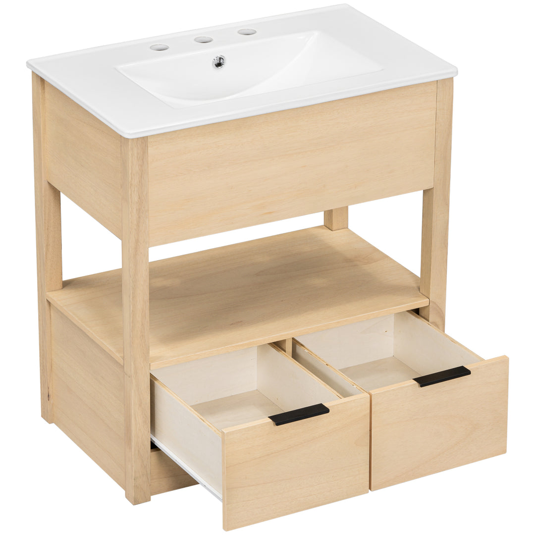 30" Bathroom Vanity with Sink Top, Bathroom Cabinet with Open Storage Shelf and Two Drawers, One Package, Natural