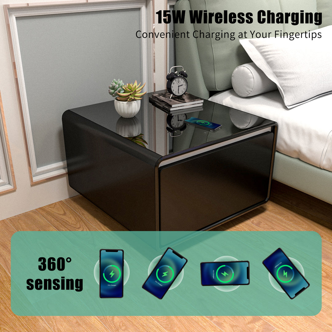 Modern Smart Side Table with Built-in Fridge, Wireless Charging, Temperature Control, Power Socket, USB Interface, Outlet Protection, Induction Light, Black