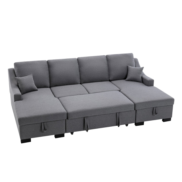 U_STYLE Upholstery Sleeper Sectional Sofa with Double Storage Spaces, 2 Tossing Cushions, Grey