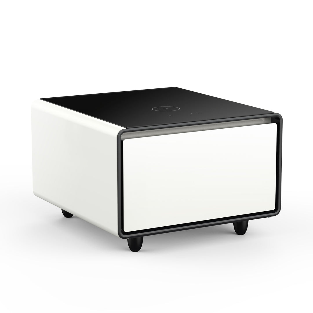 Modern Smart Side Table with Built-in Fridge, Wireless Charging, Temperature Control, Power Socket, USB Interface, Outlet Protection, Induction Light, White