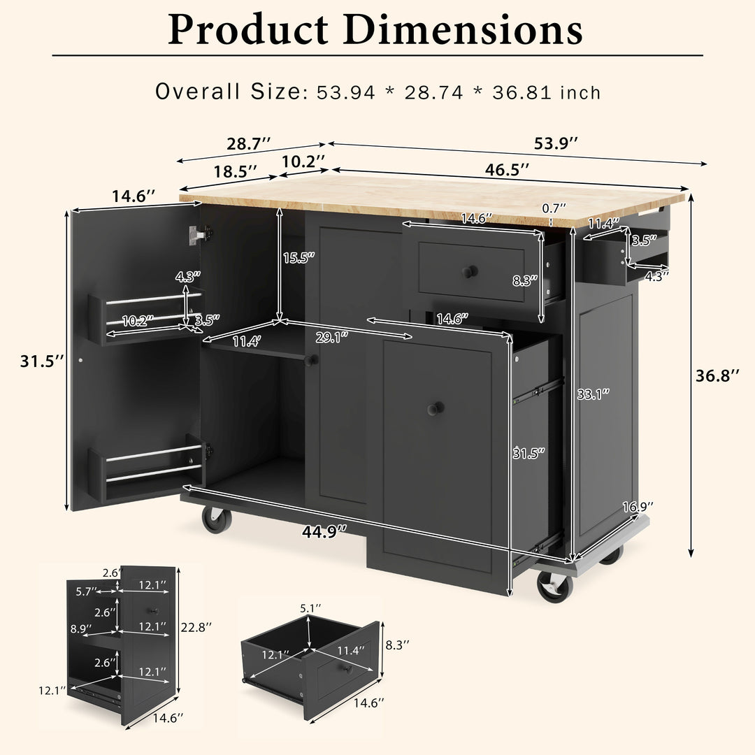 Kitchen Island with Drop Leaf, 53.9" Width Rolling Kitchen Cart on Wheels with Internal Storage Rack and 3 Tier Pull Out Cabinet Organizer, Kitchen Storage Cart with Spice Rack, Towel Rack (Black)